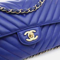 Chanel Blue Leather Chevron Medium Classic Double Flap Shoulder Bags