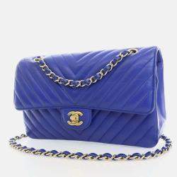 Chanel Blue Leather Chevron Medium Classic Double Flap Shoulder Bags