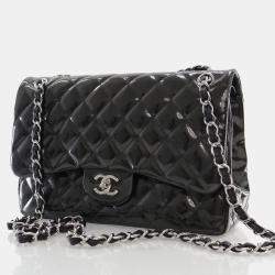 Chanel Black Patent Leather Jumbo Classic Double Flap Shoulder Bags