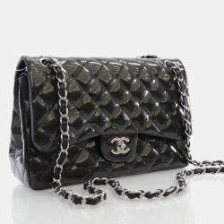 Chanel Black Patent Leather Jumbo Classic Double Flap Shoulder Bags