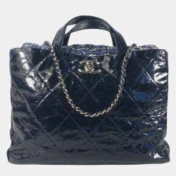 Chanel Blue Quilted Glazed Calfskin and Tweed Portobello Top Handle Bags