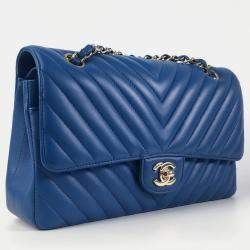 Chanel Blue Lambskin Leather Medium Classic Double Flap Shoulder Bag