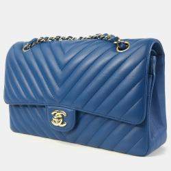 Chanel Blue Lambskin Leather Medium Classic Double Flap Shoulder Bag