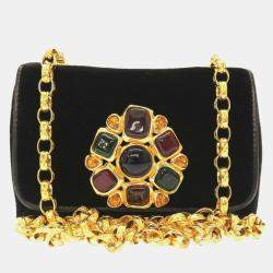 Chanel Black Suede Multicolor Stone Gold Chain Shoulder Bag 