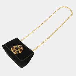 Chanel Black Suede Multicolor Stone Gold Chain Shoulder Bag 