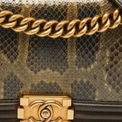 Pre Owned Chanel Olive Green Python and Leather Medium Boy Flap Bag
