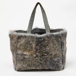 Pre Owned Chanel Grey/Green Rabbit Fur and Suede Vintage Tote