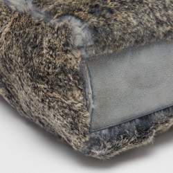 Pre Owned Chanel Grey/Green Rabbit Fur and Suede Vintage Tote