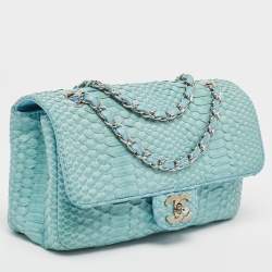 Pre Owned Chanel Light Blue Python Medium Classic Single Flap Bag