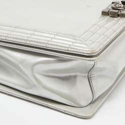 Pre Owned Chanel Grey Patent Leather Large Reverso Boy Flap Bag