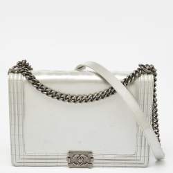 Pre Owned Chanel Grey Patent Leather Large Reverso Boy Flap Bag