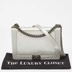 Pre Owned Chanel Grey Patent Leather Large Reverso Boy Flap Bag