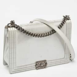 Pre Owned Chanel Grey Patent Leather Large Reverso Boy Flap Bag