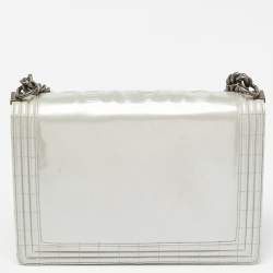 Pre Owned Chanel Grey Patent Leather Large Reverso Boy Flap Bag