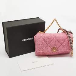 Pre Owned Chanel Pink Quilted Tweed 19 Large Flap Bag