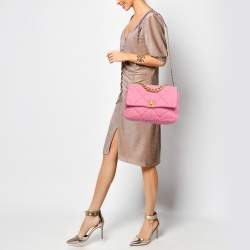 Pre Owned Chanel Pink Quilted Tweed 19 Large Flap Bag