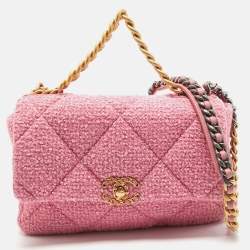 Pre Owned Chanel Pink Quilted Tweed 19 Large Flap Bag