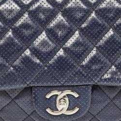 Pre Owned Chanel Navy Blue Perforated Leather Punch Flap Bag