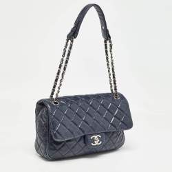 Pre Owned Chanel Navy Blue Perforated Leather Punch Flap Bag