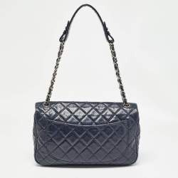 Pre Owned Chanel Navy Blue Perforated Leather Punch Flap Bag