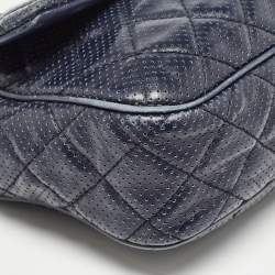 Pre Owned Chanel Navy Blue Perforated Leather Punch Flap Bag