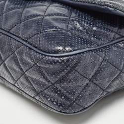Pre Owned Chanel Navy Blue Perforated Leather Punch Flap Bag