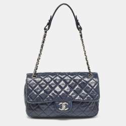 Pre Owned Chanel Navy Blue Perforated Leather Punch Flap Bag