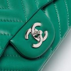 Chanel Green Chevron Leather Maxi Classic Single Flap Bag