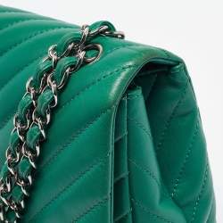 Chanel Green Chevron Leather Maxi Classic Single Flap Bag