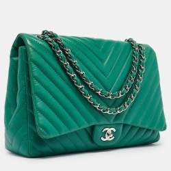 Chanel Green Chevron Leather Maxi Classic Single Flap Bag