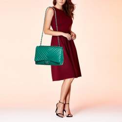 Chanel Green Chevron Leather Maxi Classic Single Flap Bag