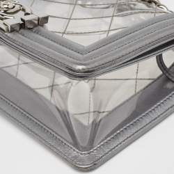 Pre Owned Chanel Grey/Clear Quilted PVC and Leather Small Boy Flap Bag