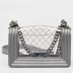 Pre Owned Chanel Grey/Clear Quilted PVC and Leather Small Boy Flap Bag