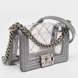 Pre Owned Chanel Grey/Clear Quilted PVC and Leather Small Boy Flap Bag