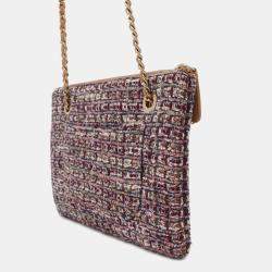 Chanel Beige/Multicolor Leather Tweed Chain Shoulder Pouch Bag