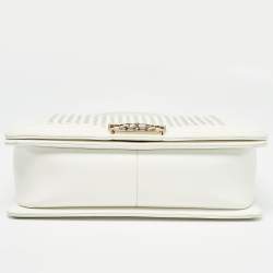 Pre Owned Chanel White Pearl Embellished Leather Medium Boy Flap Bag