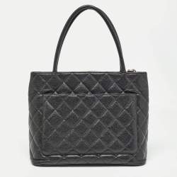 Pre Owned Chanel Black Quilted Caviar Leather Medallion Tote