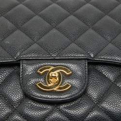 Pre Owned Chanel Black Quilted Caviar Leather Maxi Classic Single Flap Bag