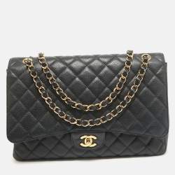 Pre Owned Chanel Black Quilted Caviar Leather Maxi Classic Single Flap Bag