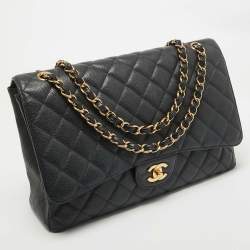 Pre Owned Chanel Black Quilted Caviar Leather Maxi Classic Single Flap Bag