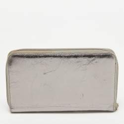 Chanel Silver Leather CC Bow Zip Around Wallet Organizer