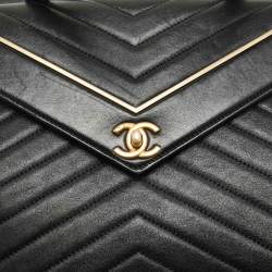 Pre Owned Chanel Black/Gold Reversed Chevron Leather Shopper Tote