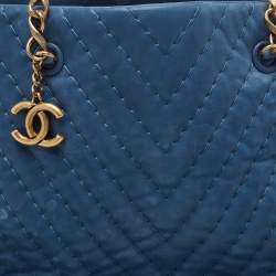 Chanel Blue Iridescent Chevron Leather CC Charm Chain Bag