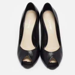 Pre Owned Chanel Black Leather Peep Toe Pumps Size 37.5