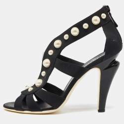 Chanel Black Fabric Faux Pearl Embellished Open-Toe Sandals Size 40