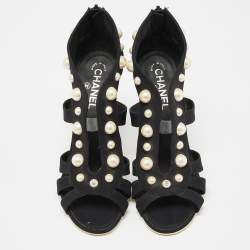 Chanel Black Fabric Faux Pearl Embellished Open-Toe Sandals Size 40