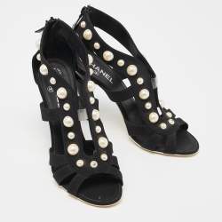 Chanel Black Fabric Faux Pearl Embellished Open-Toe Sandals Size 40