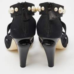 Chanel Black Fabric Faux Pearl Embellished Open-Toe Sandals Size 40