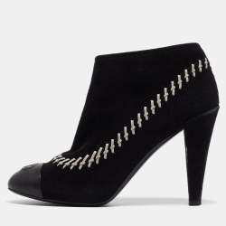 Chanel Black/White Whipstitch Suede CC Ankle Booties Size 41