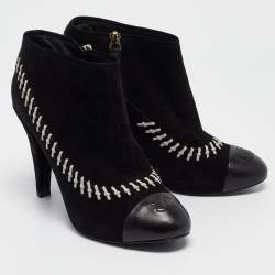 Chanel Black/White Whipstitch Suede CC Ankle Booties Size 41
